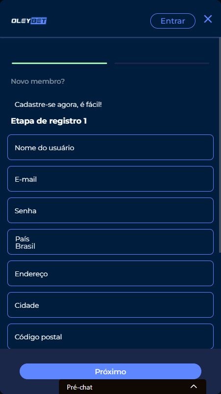 Criando uma conta na Oleybet