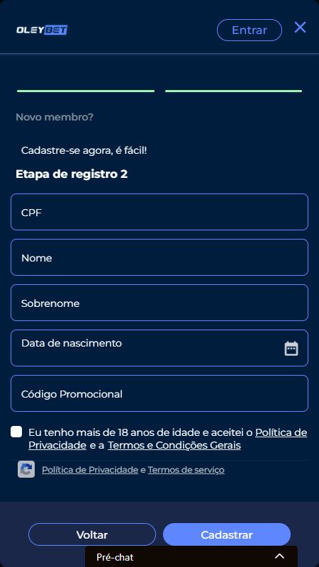 Criando uma conta na Oleybet